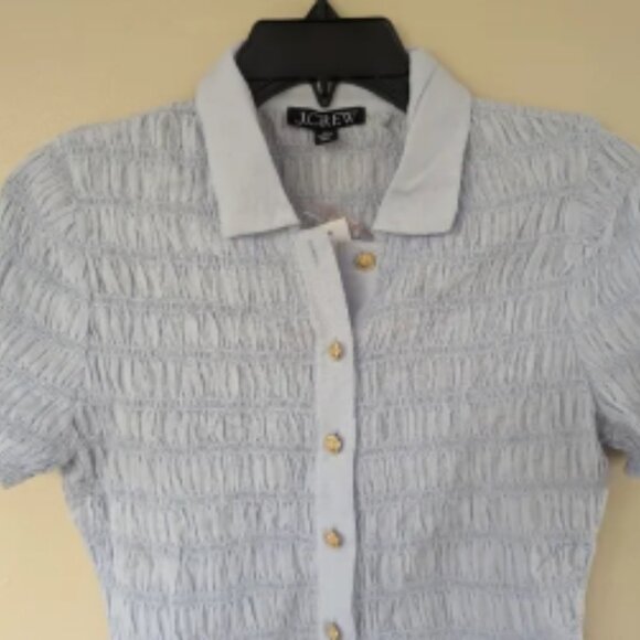 NWT! J. Crew Smocked Button-up Shirt, Cotton Blend Voile, Peri Breeze (SIZE XS) - Picture 3 of 9